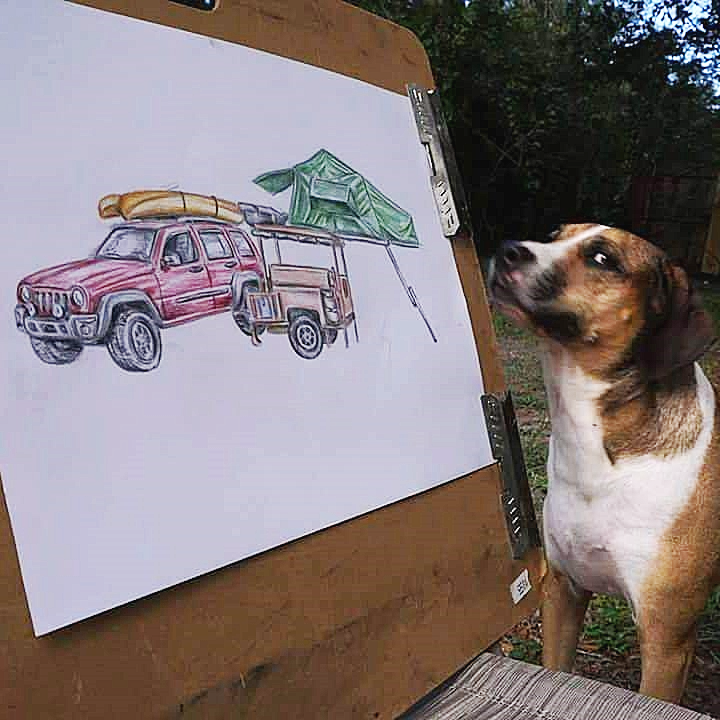 Lydia and drawing of Jeep