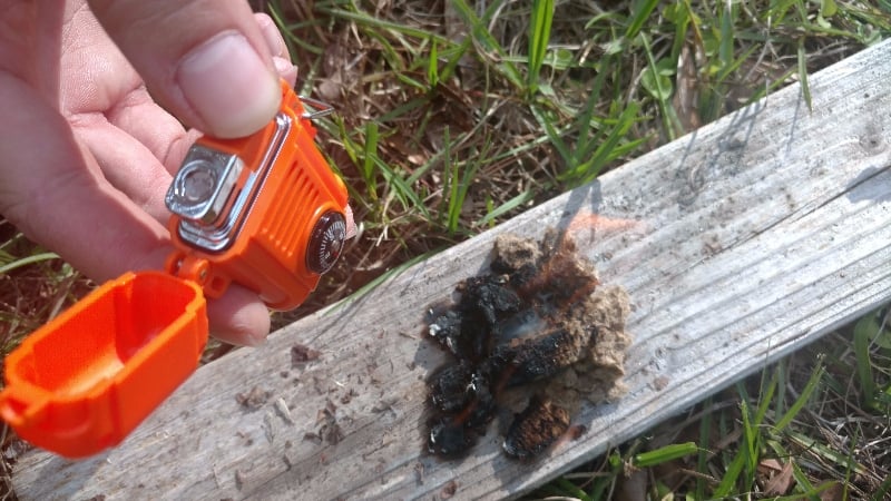 Kindling and compass lighter on a piece of wood