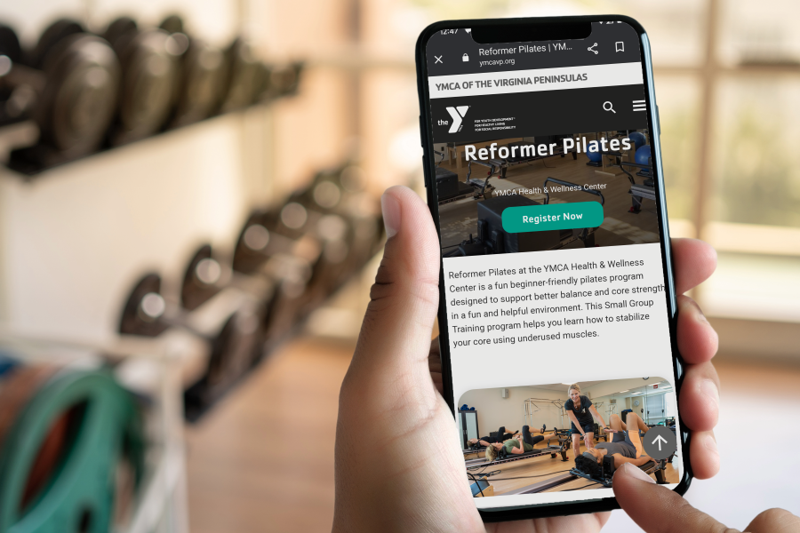 YMCA Reformer Pilates page on Phone in gym